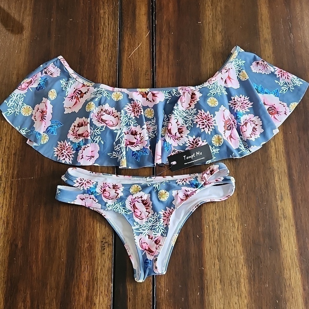 Tempt ME BIKINI 👙 FLORAL OFF SHOLDER RUFFLE BIKINI SZ MEDIUM